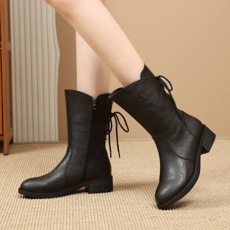 Непромокаемые женские ботинки на толстом каблуке в стиле ретро, увеличивающие рост, осенне-зимние простые теплые ботинки с круглым носком и спинкой на шнуровке на среднем каблуке