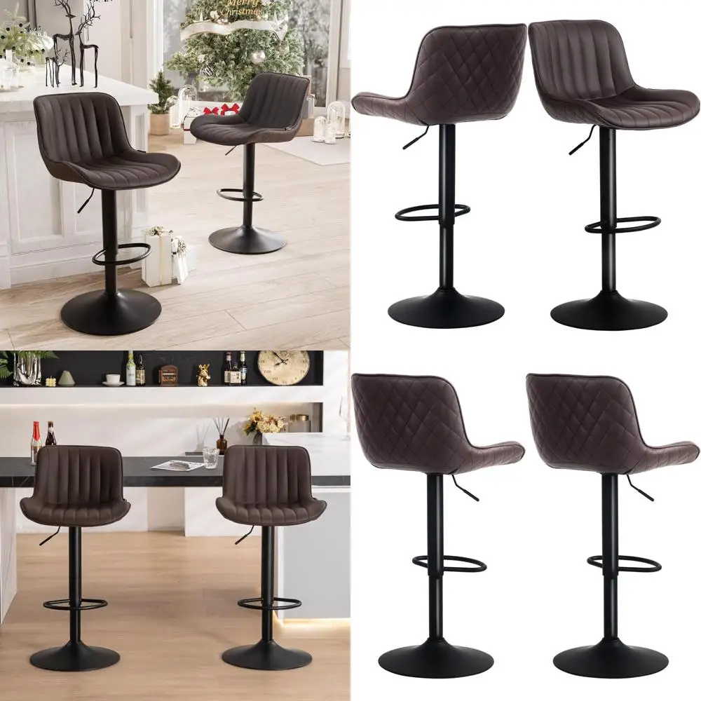 

Set of 2 Mid-Century Modern Adjustable Swivel Bar Stools with Backrest, Brown Faux Leather Upholstery