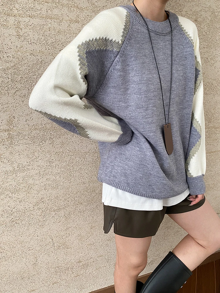 Gray Color-block Big Size Knitting Sweater Round Neck Long Sleeve Women Pullovers New Fashion Spring Autumn