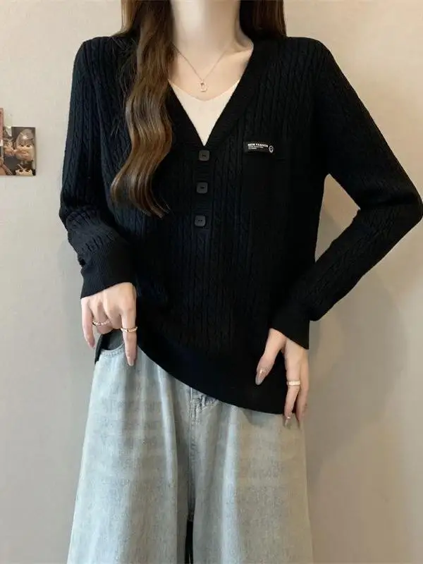 حجم كبير المرأة فضفاضة التخسيس V-Ne محبوك سترة الخريف الشتاء Faionable الشباب العلوي رعب سترة