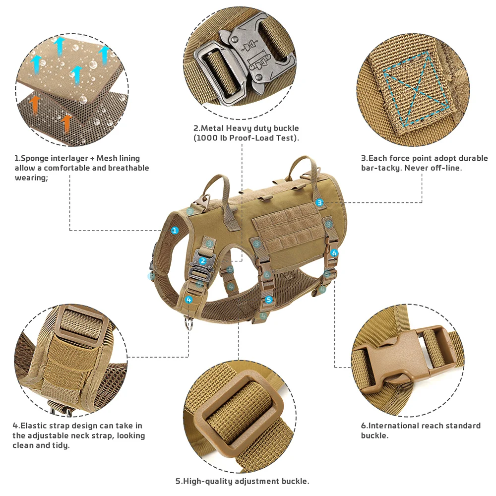Military Tactical Big Dog Harness Vest Durable Nylon Dog Training Harnesses with Flags Adjustable for Large Dogs German Shepherd - view 4