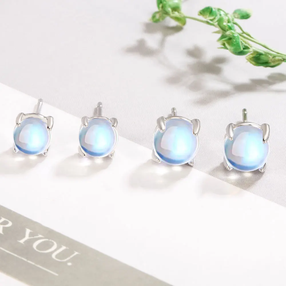 

925 Sterling Silver Round Moonstone Crystal Women Small Stud Earrings For Women Luxury Fine Jewelry Accessories Wholesale GaaBou