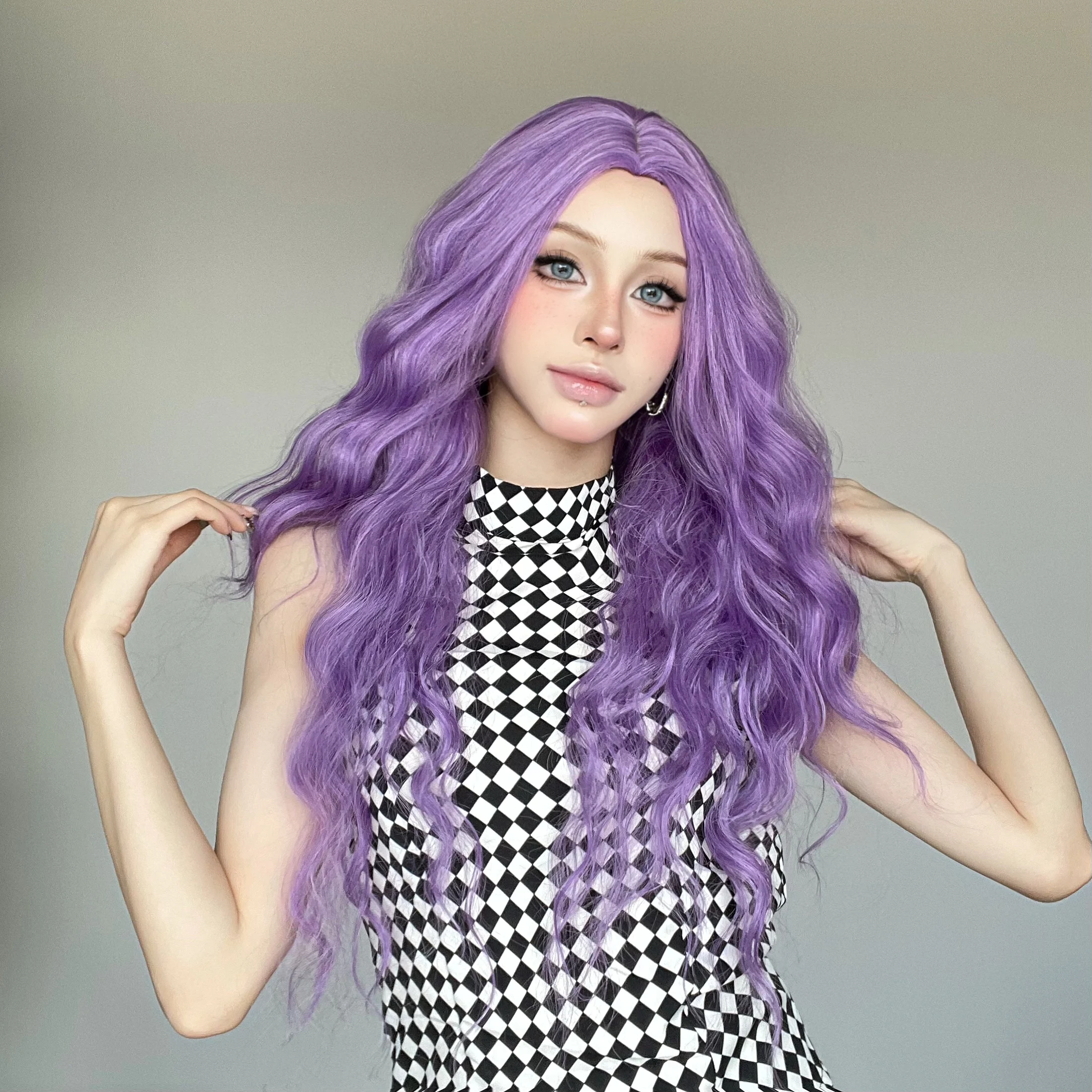 Allbell Magique Mode Paars Synthetische Pruiken Voor Vrouwen Party Cosplay Halloween Natuurlijk Golvend Nep Haar Hittebestendige Vezel