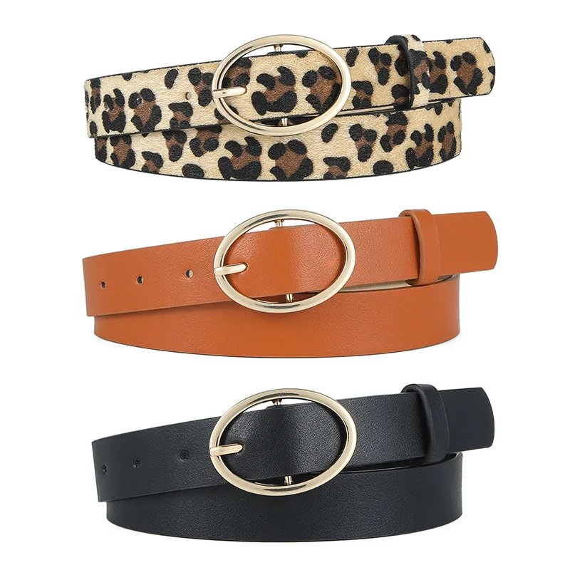 

2024 New Round Buckle PU Belt for Women Pure Color Leopard Ball Needle Gold Buckle Belt for Clothing Jeans Set