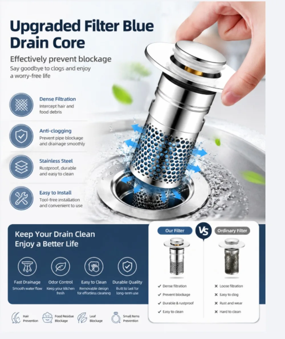 

Universal Pop-Up Bathroom Sink Stopper, Stainless Steel Drain Strainer with Removable Filter Basket for 1.1"-2.36" Basin, Push-to-Bounce Core, Bathroom Sink Plug, Hair Catcher, 2 Pack