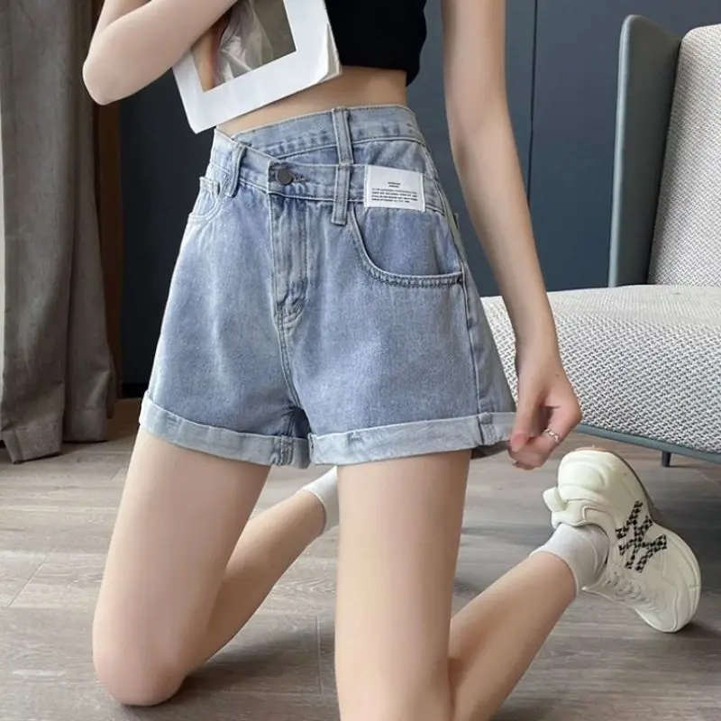 

Light blue denim shorts for women, high-waisted, summer, plus size, for petite and curvy figures, slimming, A-line hot pants