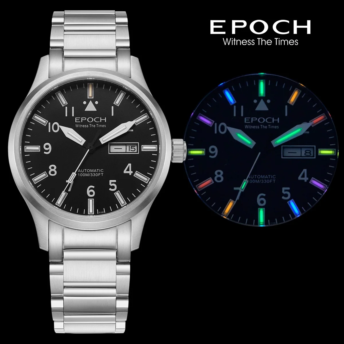 EPOCH Men Luminous Rainbow Light Watch Automatic Mechanical  Japan Miyota 21Jewels Sapphire WR100M English  Chinese week