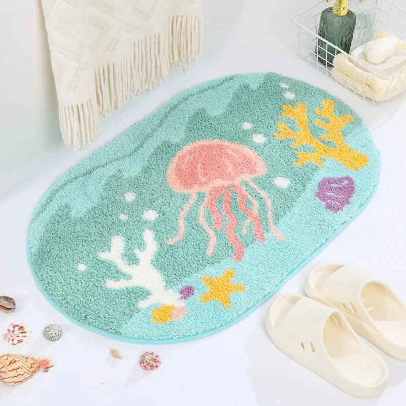 VIKAMA Cute Jellyfish Bath Mat, Non-Slip Soft Absorbent Shower Rug, Plush Underwater Floor Mat for Home Decor