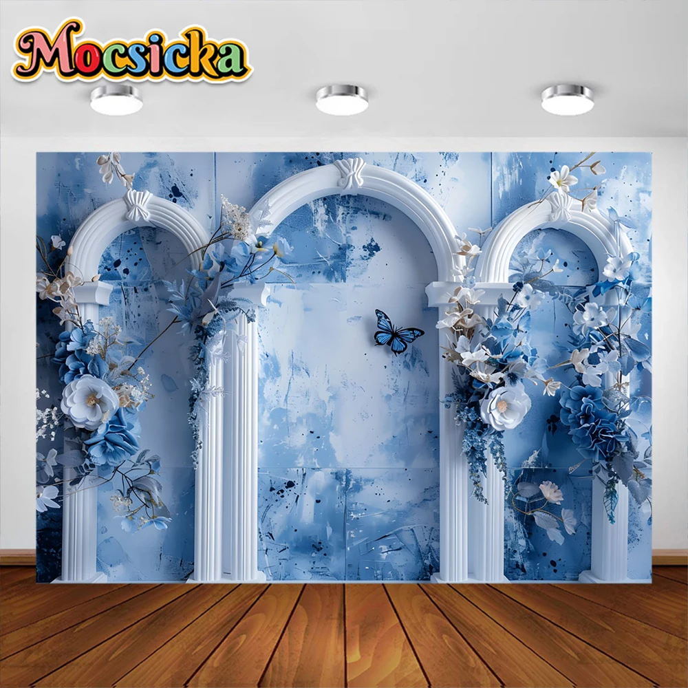 Mocsicka Photography Background White Arched Flower Door Light Blue Retro Wall Backdrop Pregnant Woman Baby Show Photo Studio