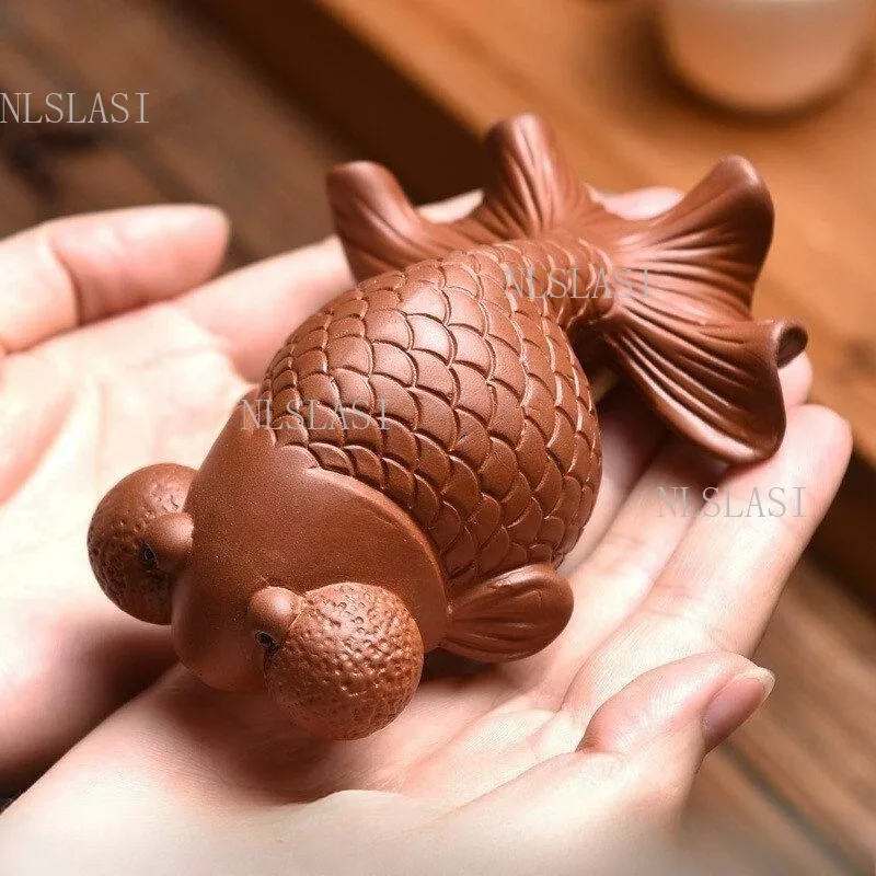 1 PCS Good luck at the forefront Purple Clay large Goldfish Tea Pet Creative handmade tea toys Kung Fu tea tray accessories