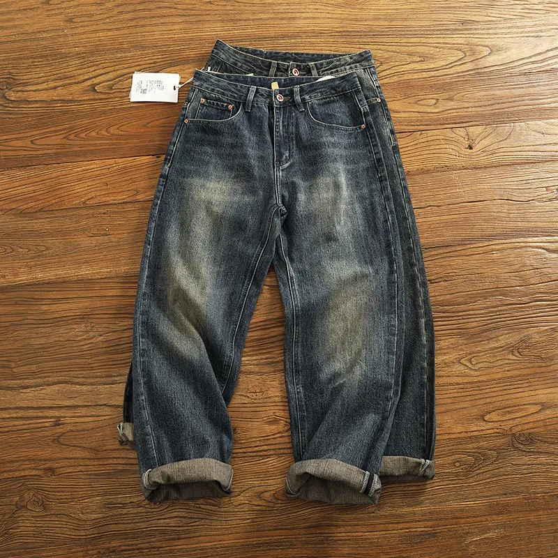 

Мужские джинсы в американском ретро-стиле, свободные, прямые, модные, с эффектом потертости и выцветания, зауженные к низу, из денима.