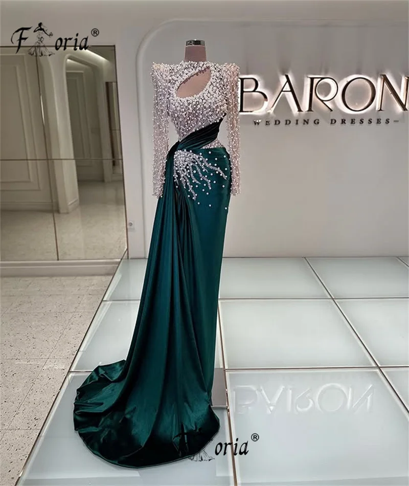 

Elegant Dark Green Prom Dress Beads Pearl Long Sleeve Formal Occasion Gown Custom Made Prom New robes longues soirées élégante