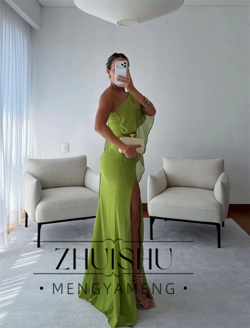 ZHUISHU Vintage Green Mermaid Evening Dress Women One-Shoulder Sleeveless Slit Formal Party Gown Vestidos De Noche Customized view 2