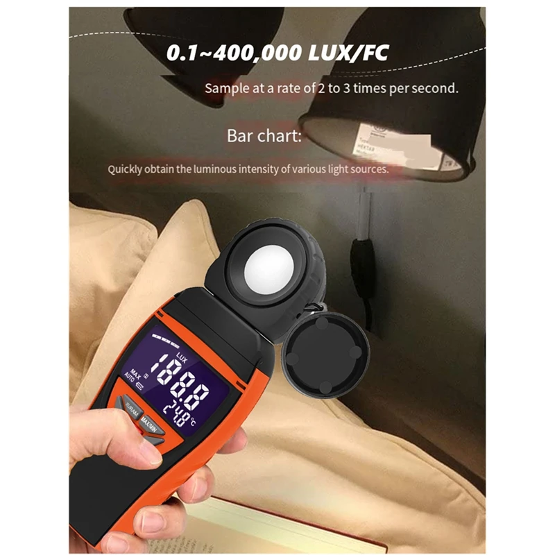 Light Meter, Digital Lux Meter 270° Rotatable Detector, Large Color Backlit Display, Illuminance Meter Temp-A50M