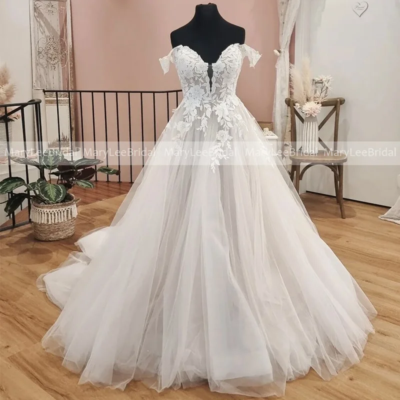 Abito da sposa personalizzato avorio con applicazioni floreali con spalle scoperte Abito da sposa country con scollo a V profondo Abiti para mujer