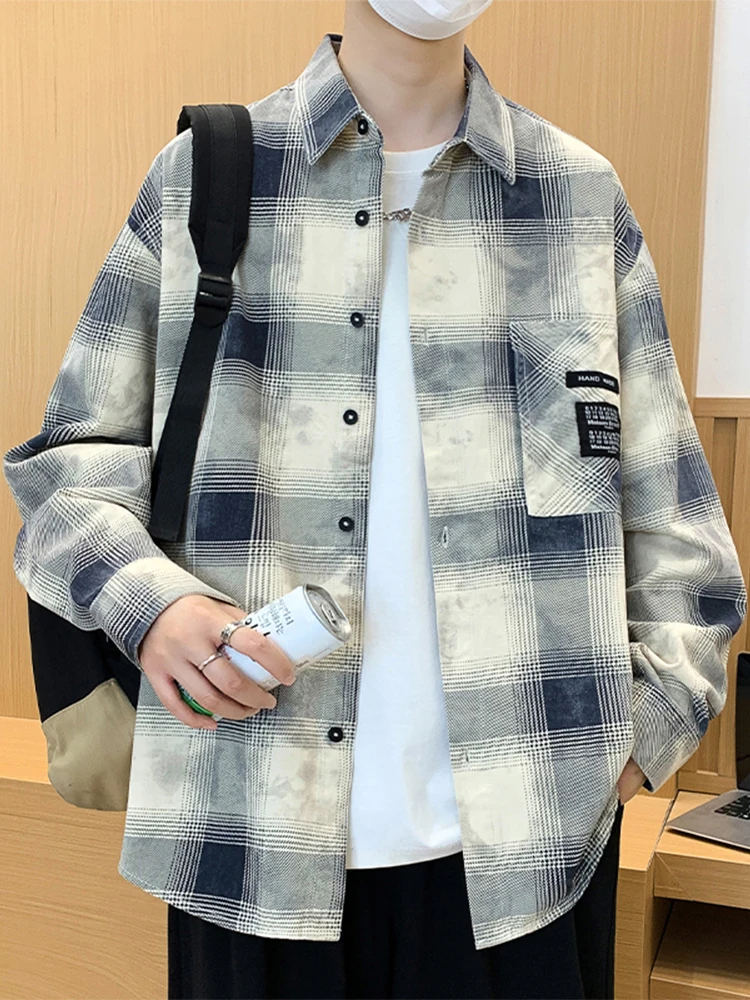 

Men's Plaid irt Jaet Casual Loose Fit Spring Autumn New Sle Button up Long Sve Cotton Straight Hem Teenager Faion