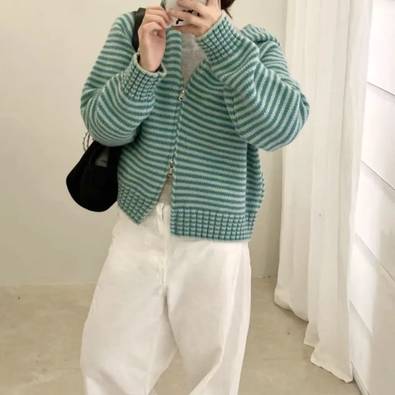 Korean Style Color Blocking Striped Casual Hoodie Coats 2026 Autumn Winter Fashion Knitted Zipper Hooded Jacket Japan Streetwear