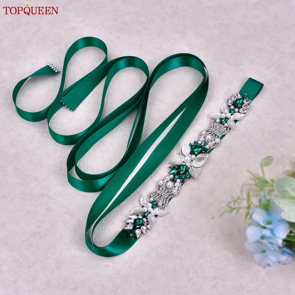 TOPQUEEN Bridal Wedding Belt Alloy Leaf Decoration Hand Sewn Sash Wedding Pearl Rhinestone Jewelry Party Dress Waist Accessories