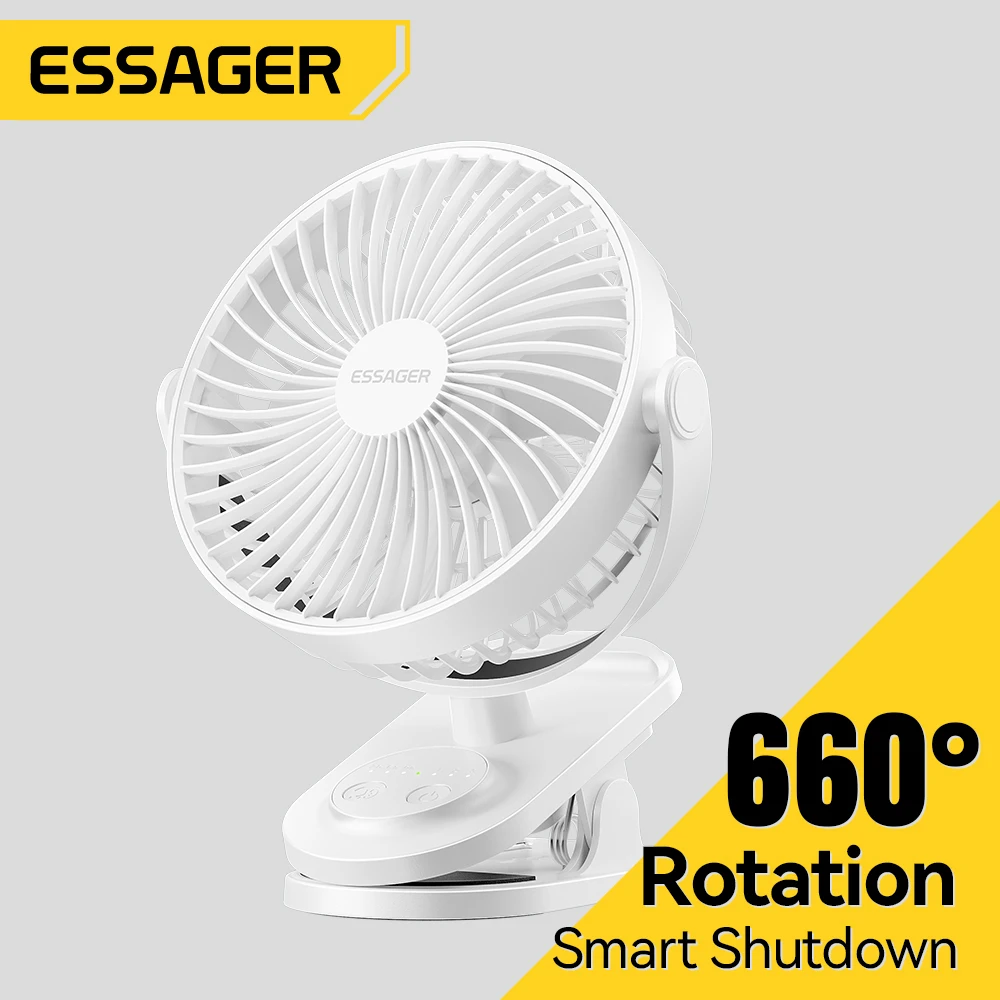 Essager Portable USB Rechargeable Fan Adjustable Clip-Mounted Cooling Mini Desktop Fan 660 Degree Rotation 3 Speed Fan