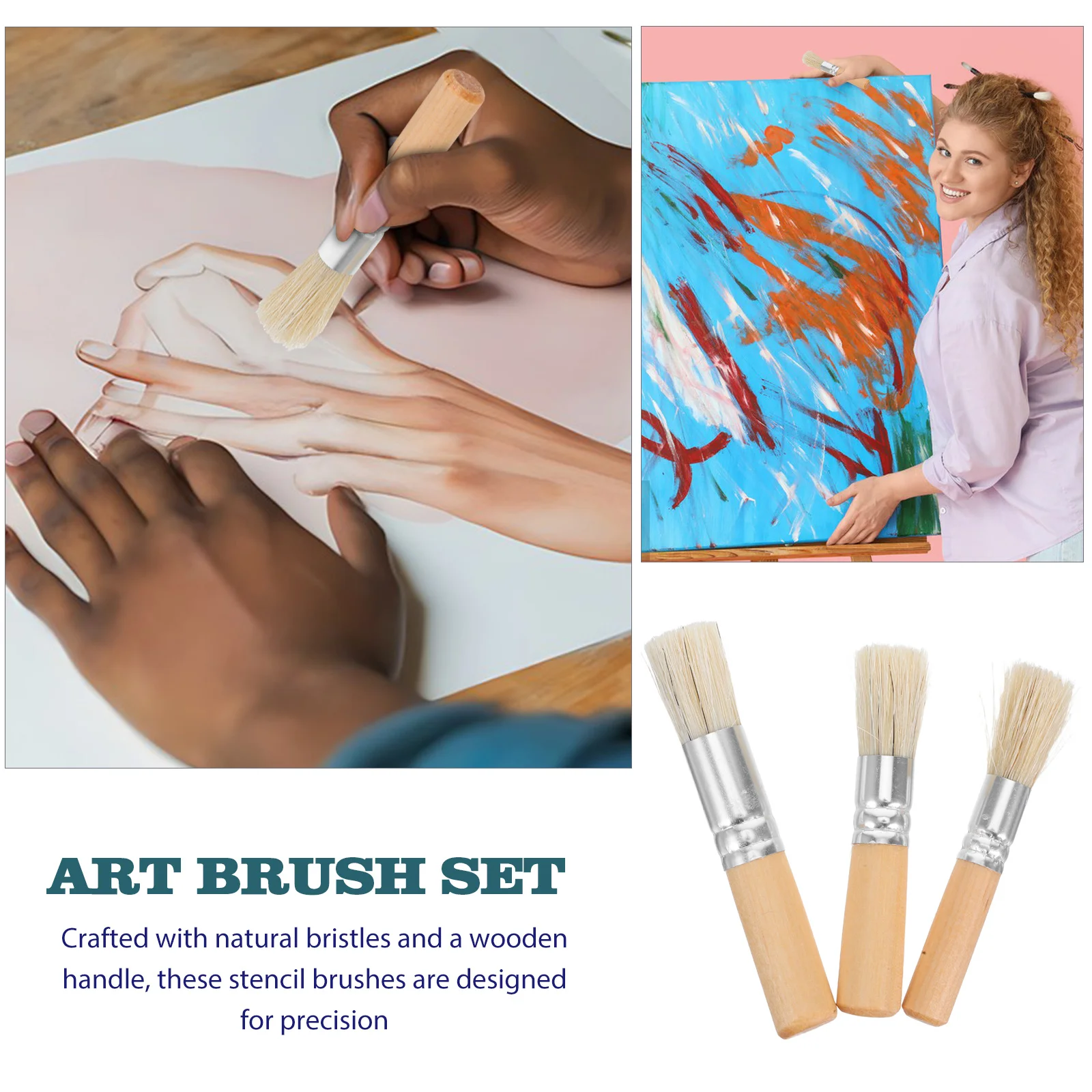 3 قطعة فرش استنسل ذات شعيرات طبيعية مقبض خشبي زيت أكريليك ألوان مائية مشاريع فنية مجموعة فرشاة طلاء زيتي