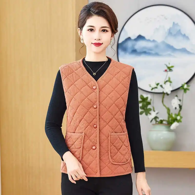 Thiened Fce Women's Vest Warmth Inner Wear Commute Sle V-Ne Single Button Closure Polyester Fiber Fill Regular Length