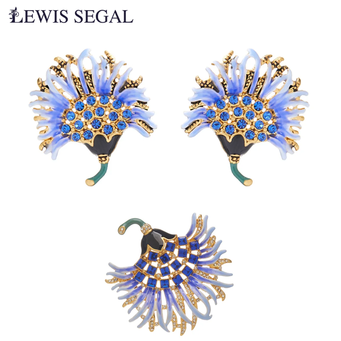 LEWIS SEGAL Fine Jewelry Earrings and Brooch Set for Women Independent Girl Luxury Medieval Style Enamel Flower 18K Gold Plated