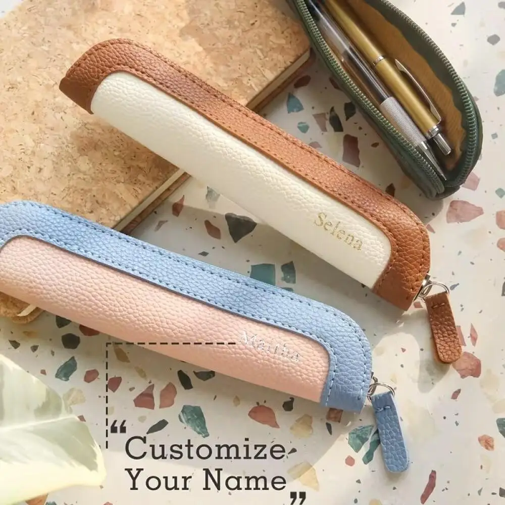 Personalized Custom Name Two Color Pu Pen Case Mini Zipper Stationery Pouch Travel Makeup Brush Storage Bag Holiday Gift