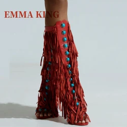 Sexy Blue Gemstone Knee-high Boots Open Toe Back Zipper Stiletto Heel Boot Fashion Catwalk Tassel Gladiator Sandals Women Summer