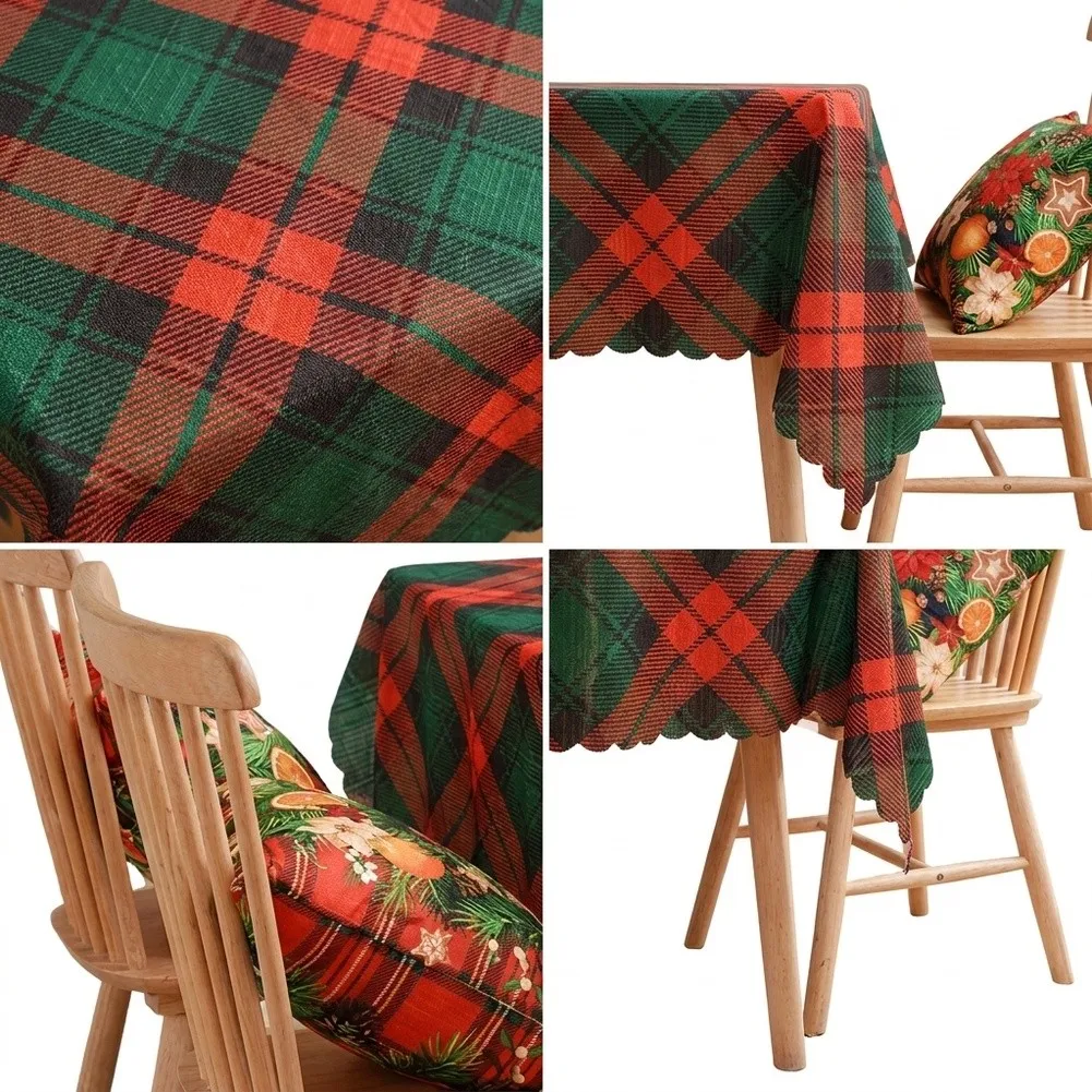 Polyester Festive Tablecloth 140x220cm Plaid Design Scalloped Edge Soft Fabric for Holiday Parties and Gatherings