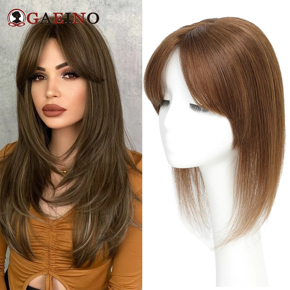 Topper de Pelo Liso para mujer, cabello humano Real, parte superior marrón Chocolate, marrón claro con flequillo, Base de seda, Clip en Topper, 4 #