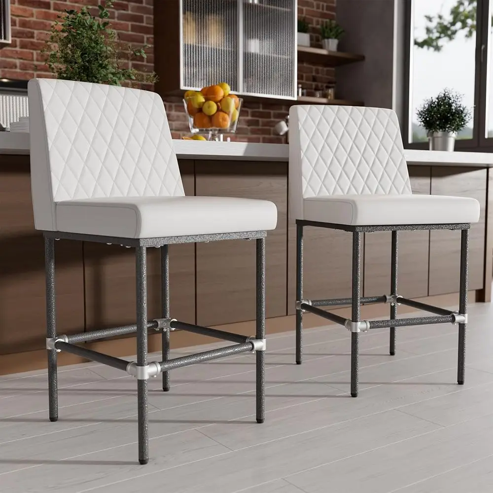 

Set of 2, 26 White Leather Counter Height Bar Stools with Upholstered Seats and Metal Support, Holds 350lbs