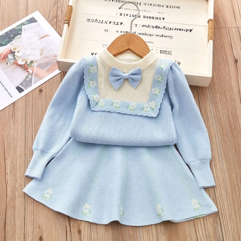 Girls Suits Long Sleeve Kids Sweaters Bow Kids Wear Knitted Pullover Top Skirt Clothing Suit for Children Baby Girl Sets 2-6Yrs