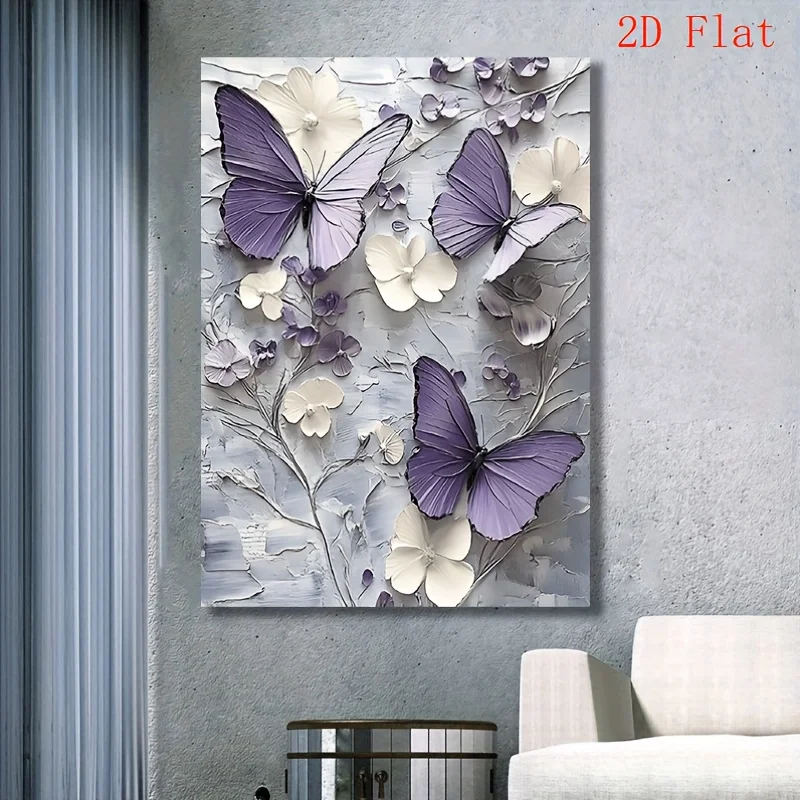 قطعة واحدة من قماش الأزهار على شكل فراشة مؤطرة ثنائية الأبعاد |   مزرعة ريفية (رمادي/أرجواني-أبيض) |   الزفاف/دش الزفاف/ديكور المنزل