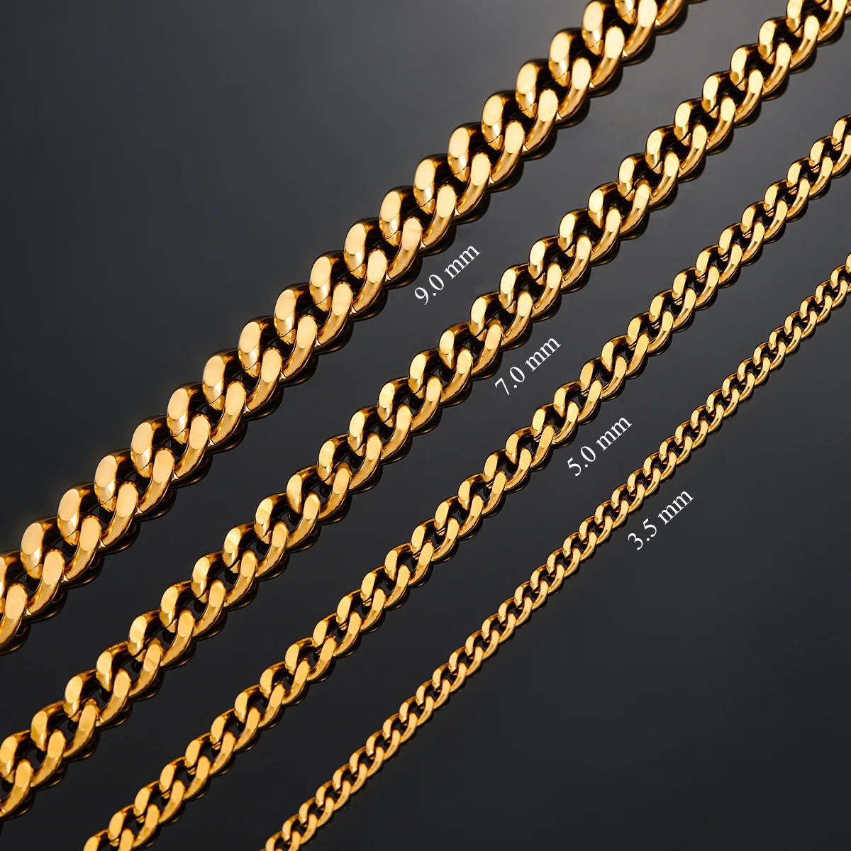 3.5mm/5mm/7mm/9mm Thickness Stainless Steel Cuban Curb Link Chain Necklace for Men Boys Silver Gold Black Color 14 to 30 Inches