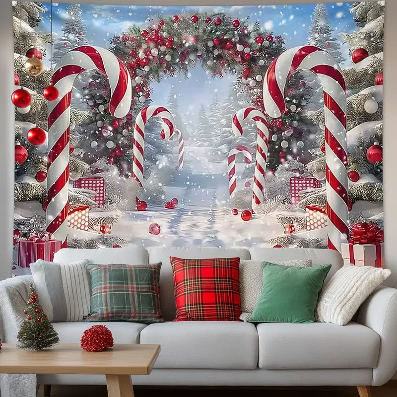 VIKAMA Red Curtain Snow Scene Christmas Tapestry, Elegant Wall Hanging Background Cloth for Dramatic Living Room Decor