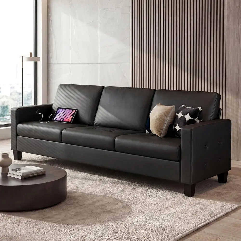 

73 Black Leather 3-Seater Sofa with Tufted Armrests and USB Port, Ideal for Living Room or Bedroom