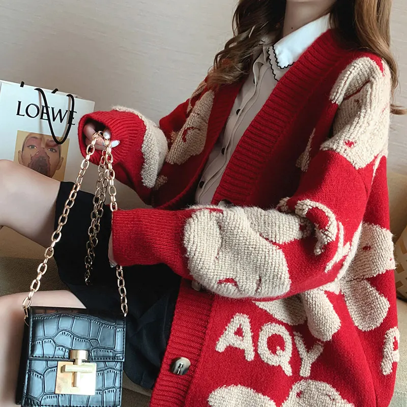 

Свободный вязаный женский кардиган с v-образным вырезом, свитер, верхняя одежда Lazy Sle Base irt, корейская версия средней длины, Commute Sle