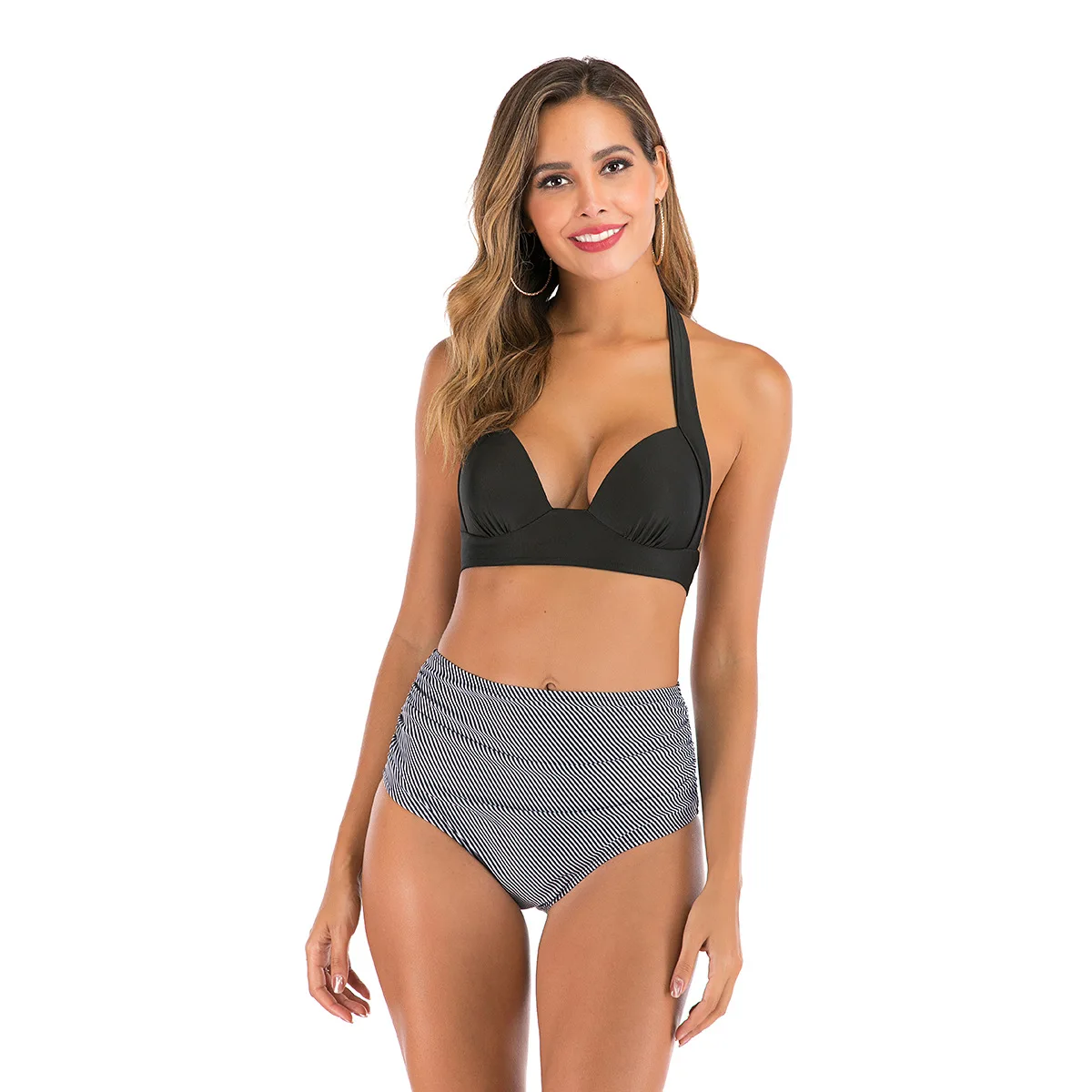 

Bathing Suit Women European And American Swimwear Sexy Tight Solid Color Printed High Waist Women's Split Swimsuit Set