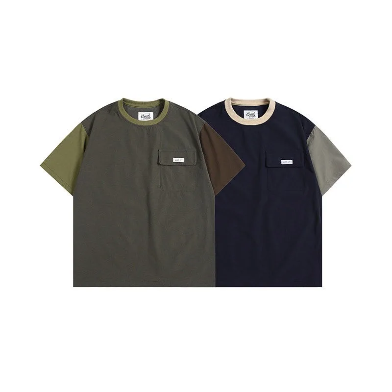 Japanese Retro Color Blocked Raglan Pocket Short Sleeved T-shirt for Men Trendy Round Neck Loose Tees