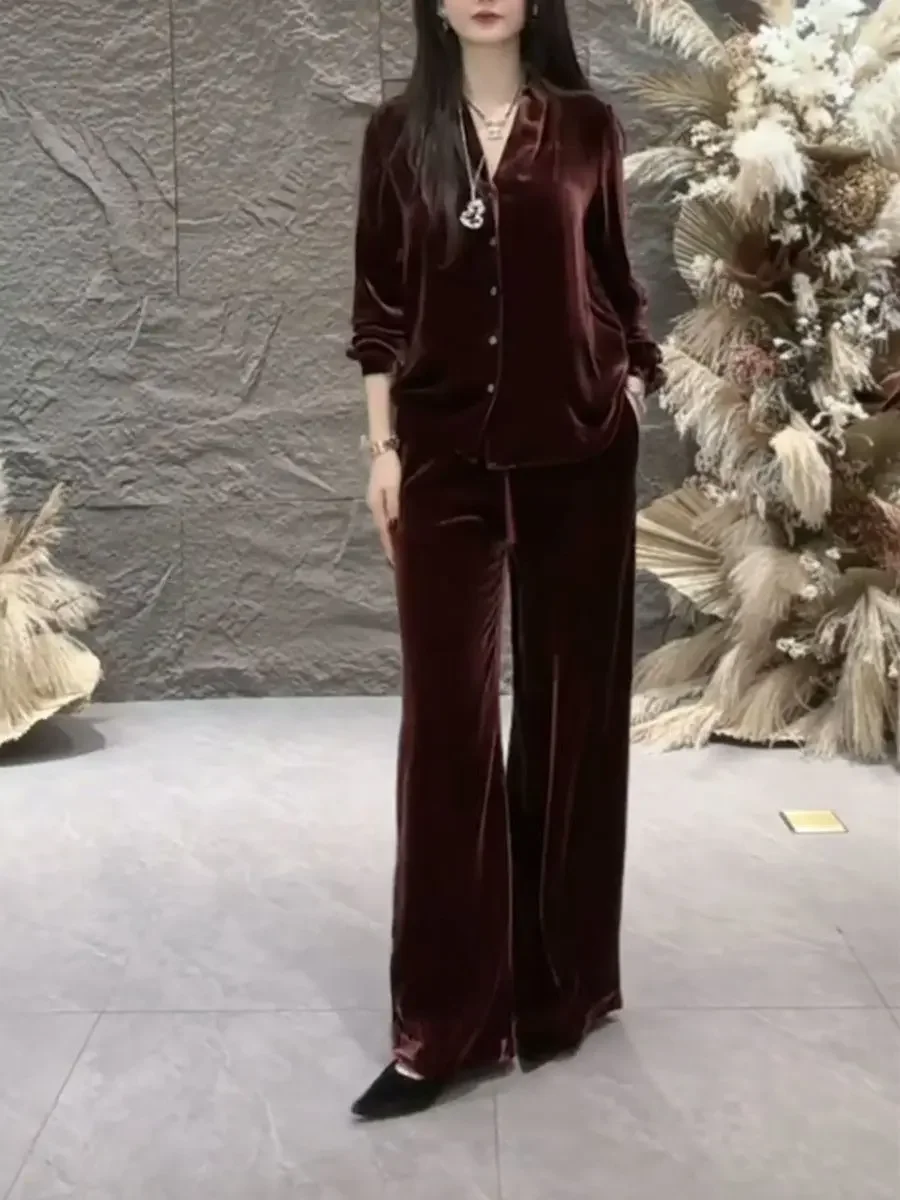

Women Fashion Elegant V-neck Long Sleeve Coat Tops + Wide Leg Pants Suit Oversized New High End Coffee Velvet Two Piece Sets