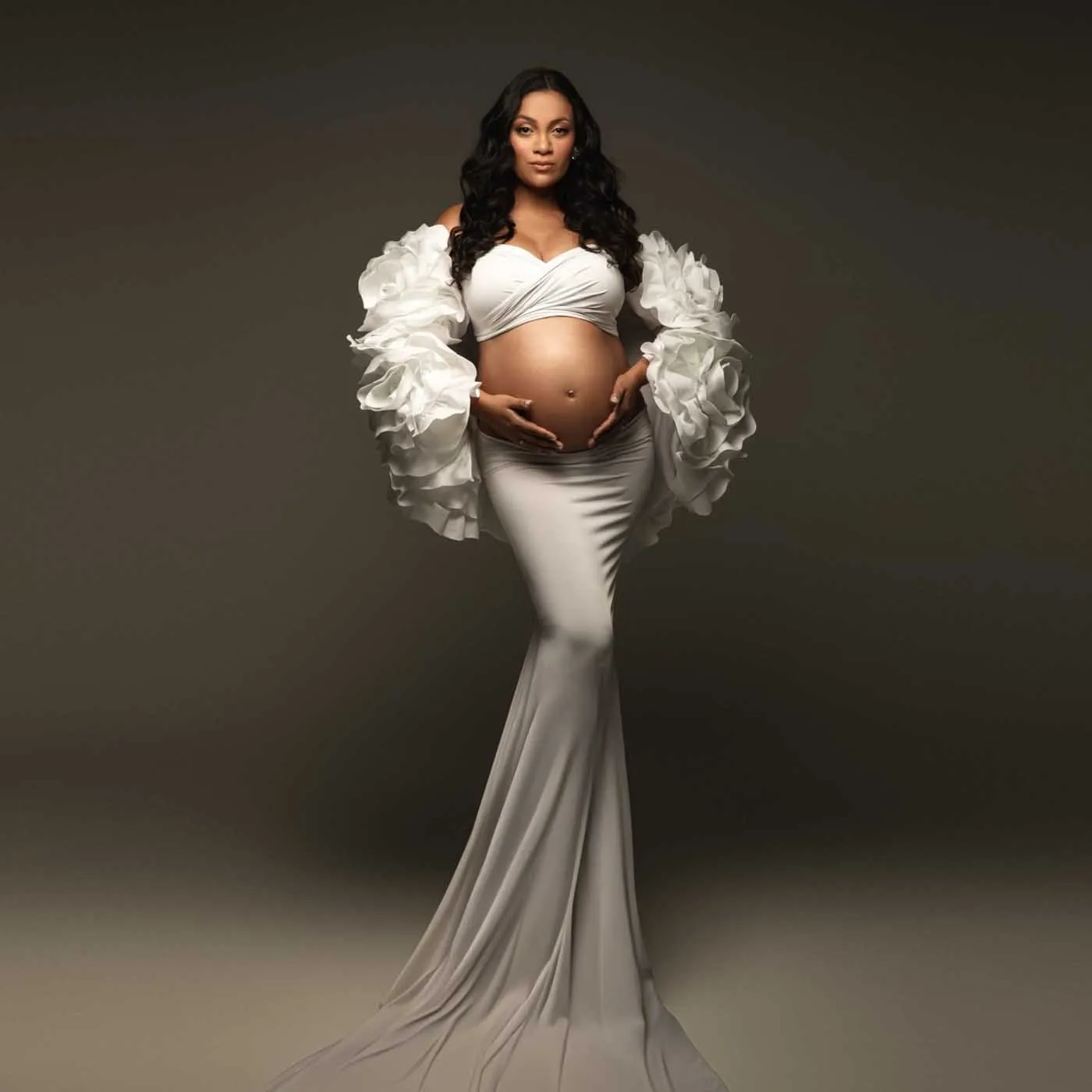 

Hot Sale Maternity Dresses with Cape 3 Piece White Maternity Dress Photoshoot Rose Cape платье для беременных