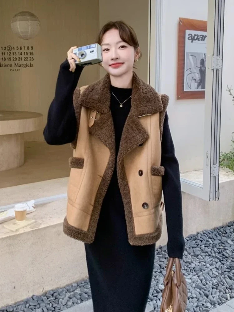 Maillard Brown Fur One Lambswool Vest Coat Women's Winter New Short Fashionable Elegant Thickened Coat Cotton Coat  Vests