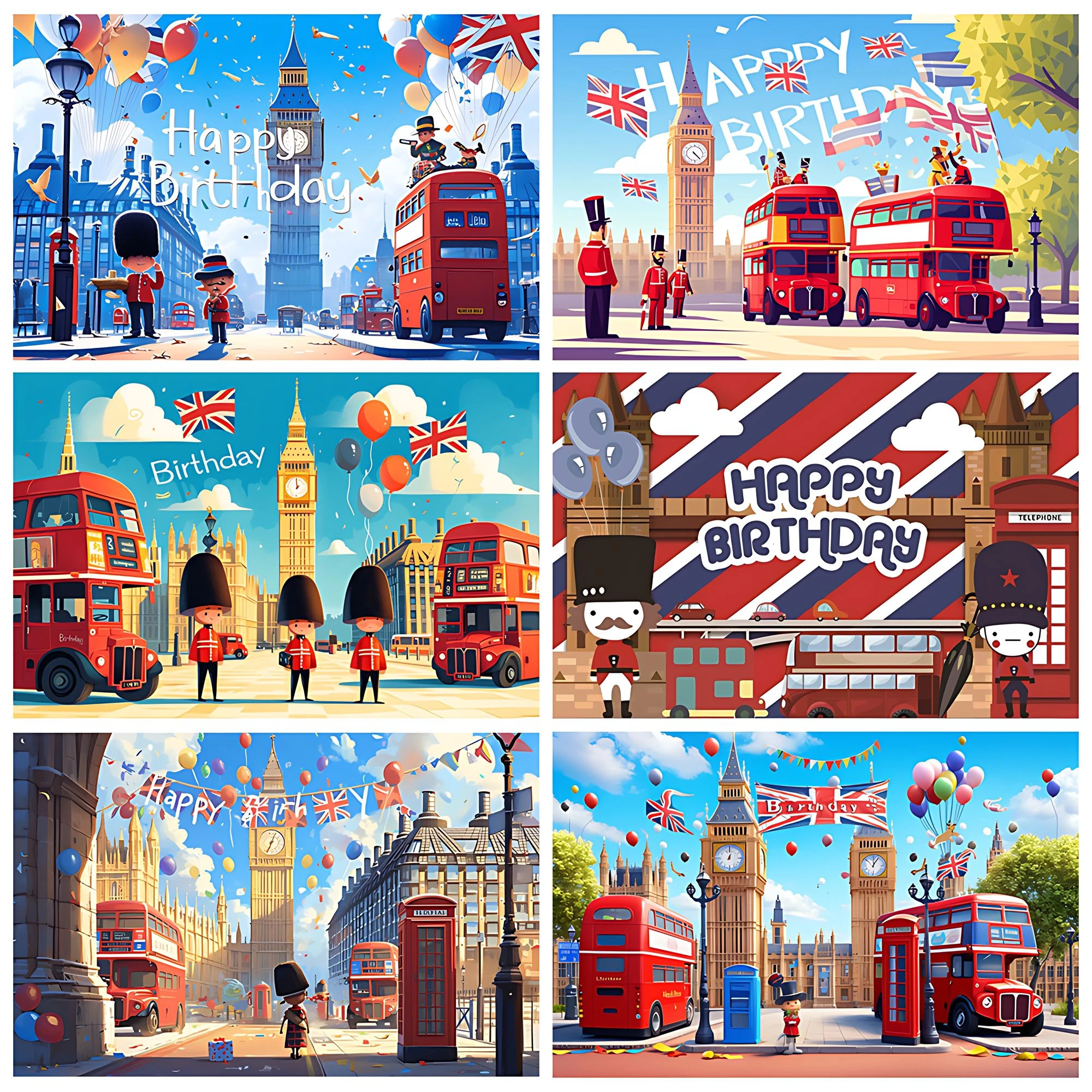 Cartoon London Bus Happy Birthday Background Children Birthday Party Decor Banner London Bridge Big Ben Architecture Poster Prop