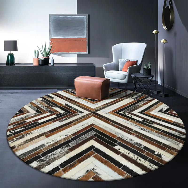 100% Genuine Cowhide Round Carpet for Living Room Nordic Modern Geometric Round Rug Bedroom Decor Anti-skid Floor Mat