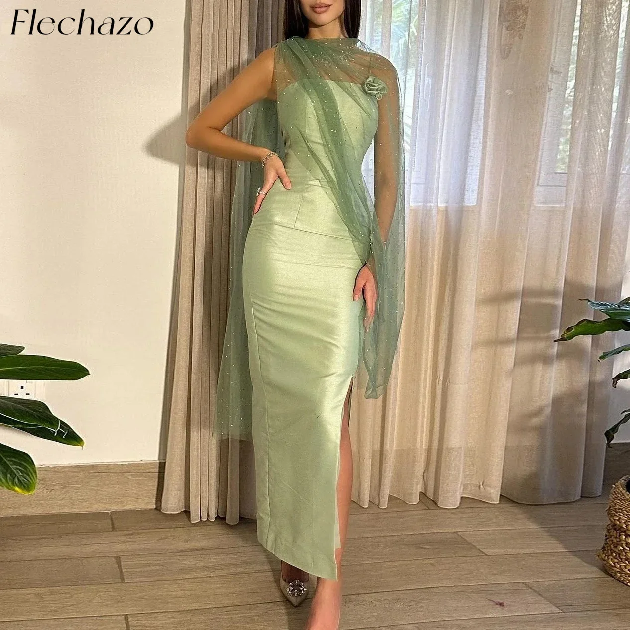 Flechazo Mint Green Evening Dresses Spaghetti Ankle-Length Shiny Tulle Elegant Formal Party Dress For Women 2024 فساتين السهرة