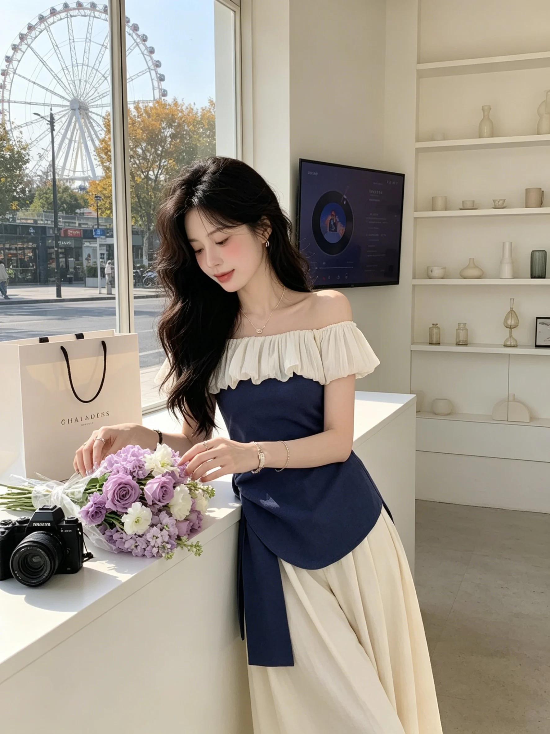 Orange Asymmetrical Shoulder Hem Leaf  Wide Leg Pants Two Piece Set Women's Fashion Summer High Quality Elegant Style
