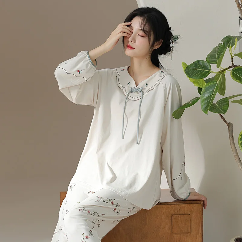 Autumn Cotton Women's pajamas Floral Women pajamas set Long Sleeve Round Neck Female Sleepwear pijama mujer Pyjamas