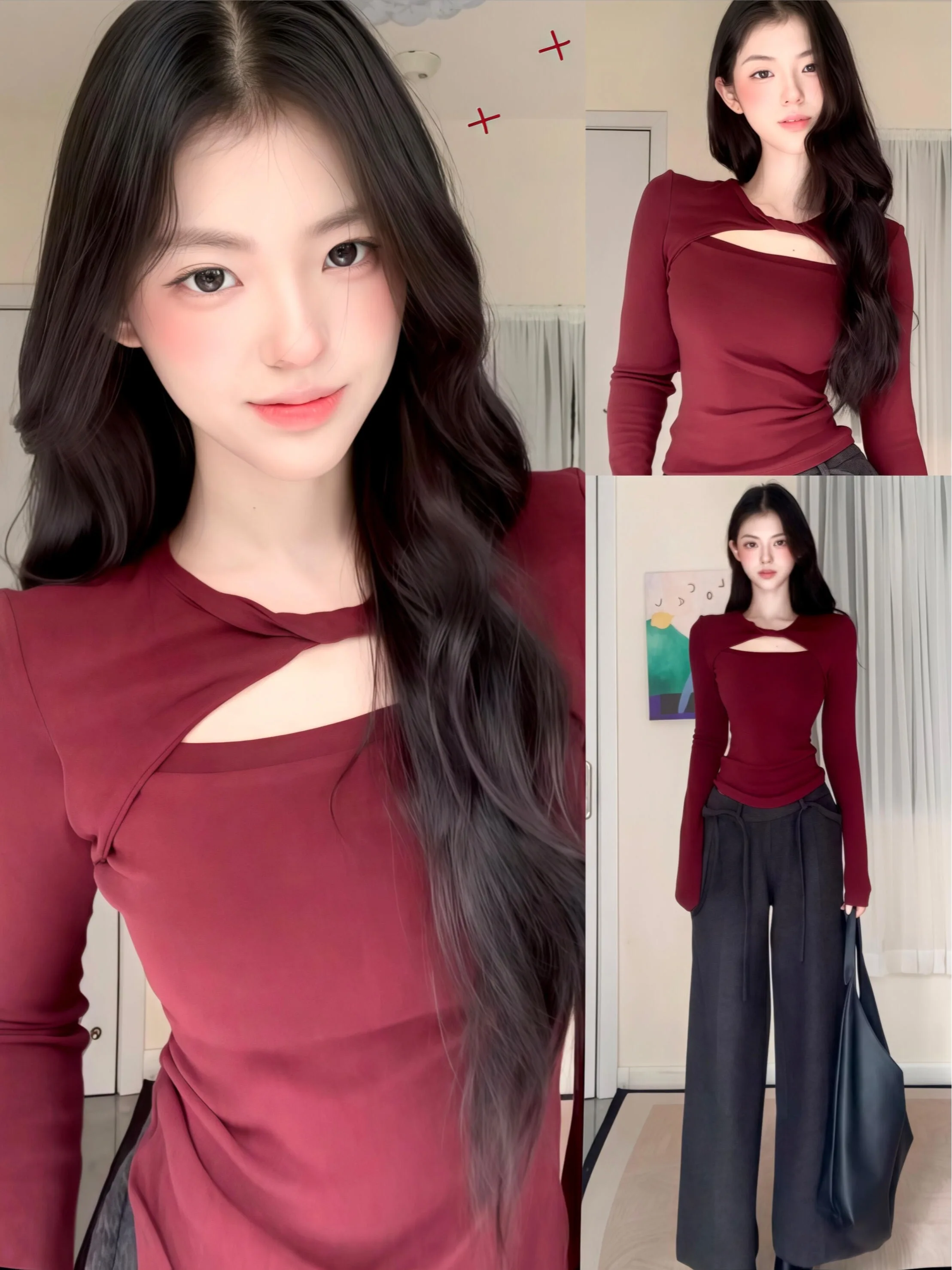 

Slimming Effect Long Sve T-irt Women's Autumn Winter Hollow out Knot Base irt ort Top Korean Sle Cotton Polyester