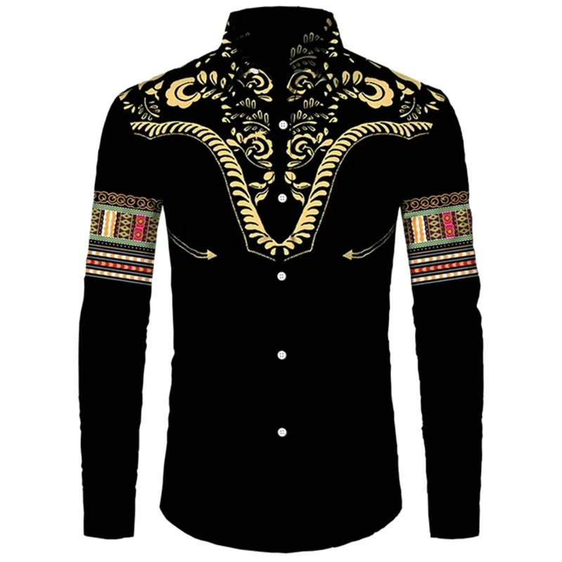 Colorful African Pattern Hawaiian Shirts For Men Retro Ethnic 3D Printed Blouse Casual Loose Aloha Shirts Long Sleeves Tops