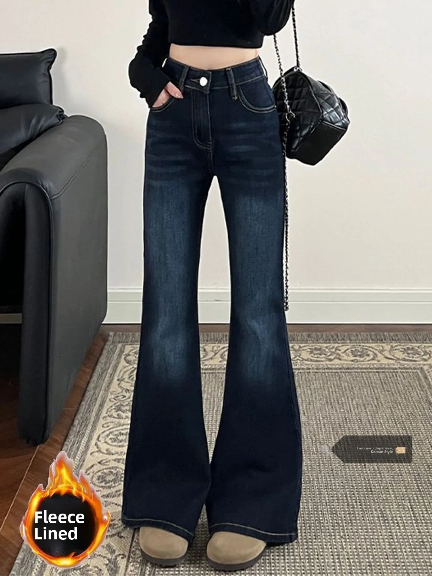 

Джинсовые джинсы-клеш больших размеров с высокой талией, женские утягивающие брюки на подкладке, модное осенне-зимнее новое поступление